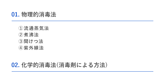 01.物理的消毒法①流通蒸気法②煮沸法③間けつ法④紫外線法、02.化学的消毒法（消毒剤による方法）