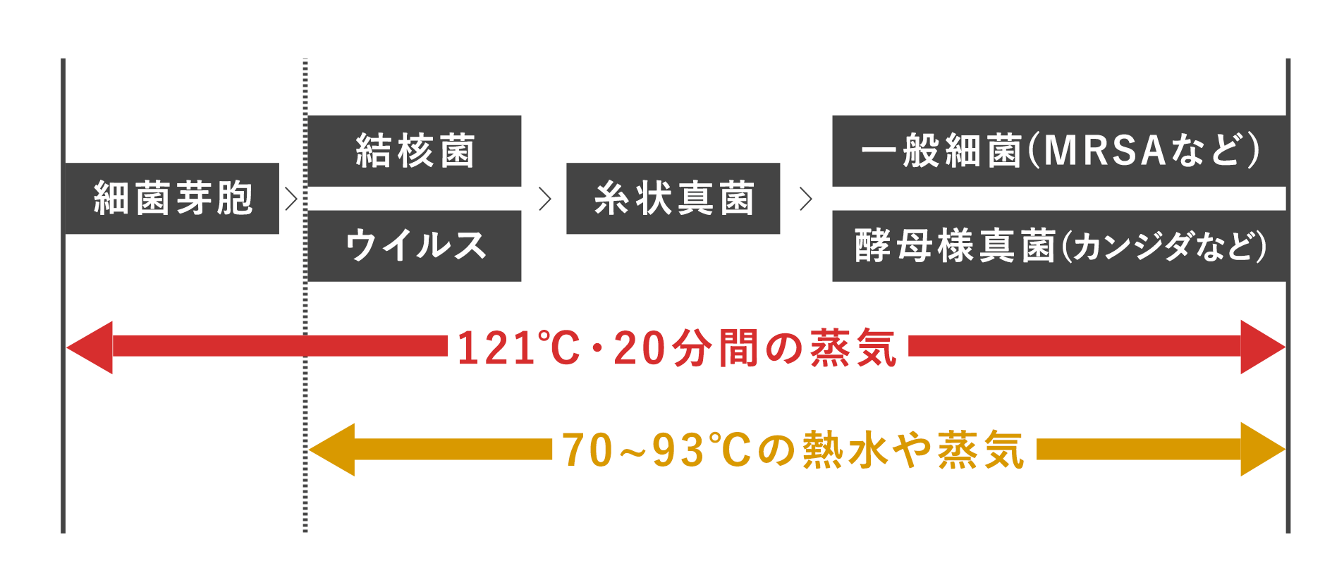 121℃・20分間の蒸気は細菌芽胞、結核菌・ウイルス、糸状真菌、一般細菌(MRSAなど)・酵母様真菌(カンジダなど)に有効である。70~93℃の熱水や蒸気は、細菌芽胞を除いた前述した微生物に有効である。
