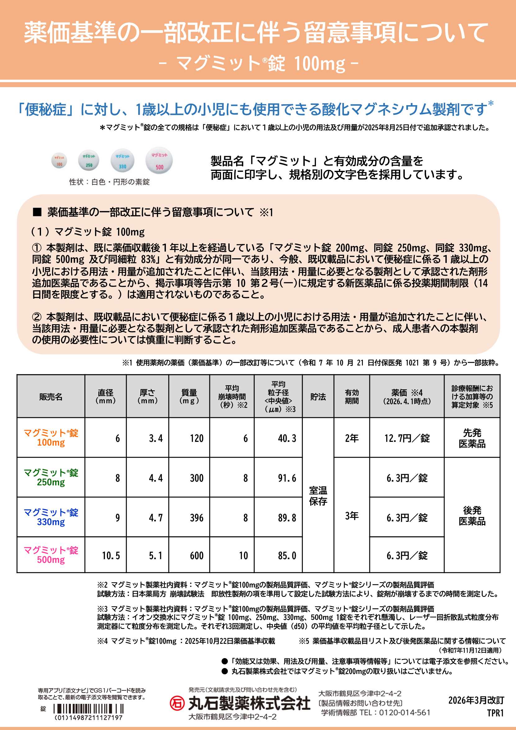 マグミット®錠100mg 薬価基準の一部改正に伴う留意事項について